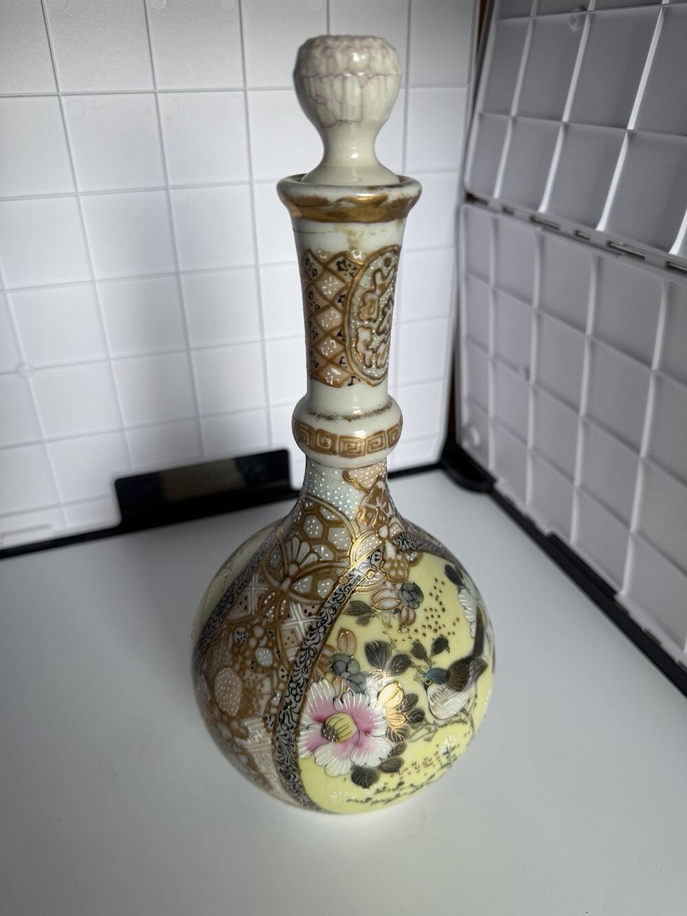 Nippon Moriage Bottle With Stopper - Japanese Gilded Porcelain Decanter, Birds